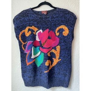 80s/90s Vintage Worthington Floral Knit Sweater Blue Ramie Blend Sleeveless Top